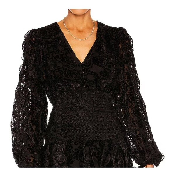 Rococo Sand Black Sade Mini Dress Size Large Velvet Burnout Smocked Bodice NWT - Picture 3 of 16